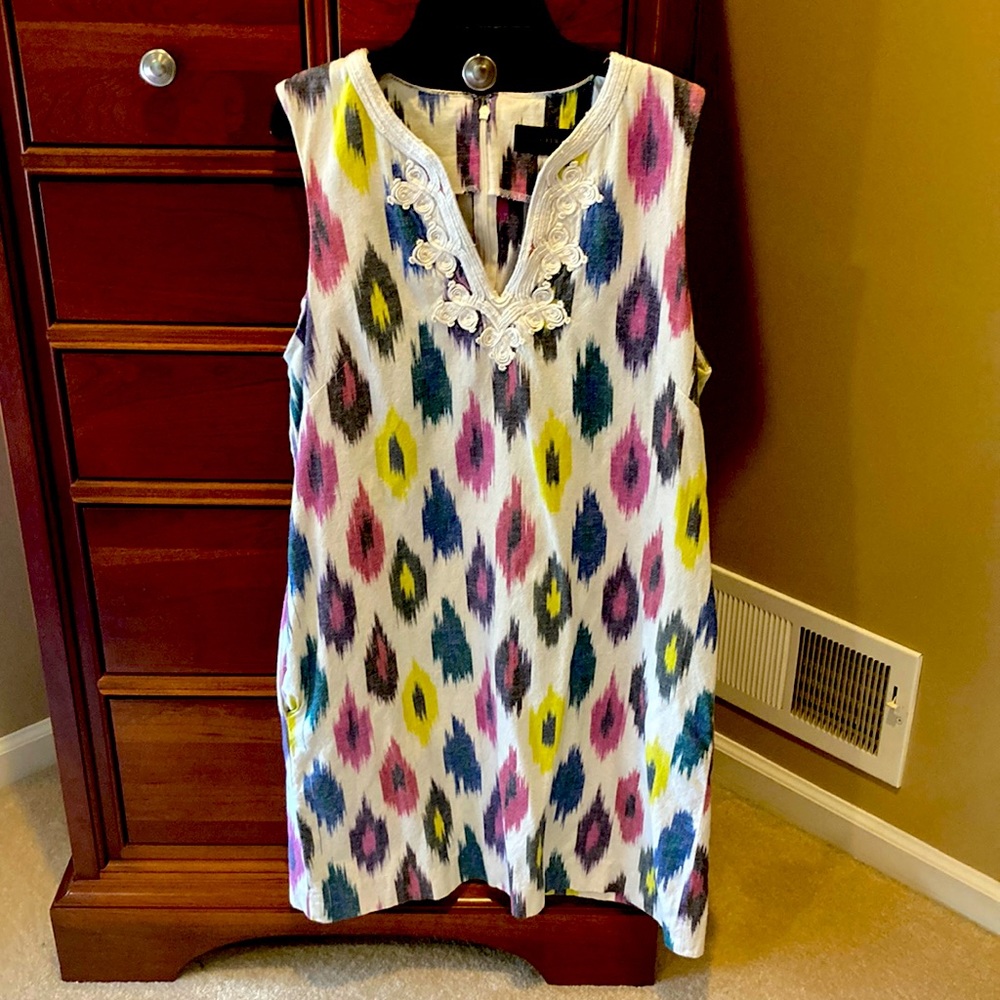 J.Crew sleeveless dress, linen cotton blend, cream, yellow, magenta, blue, large